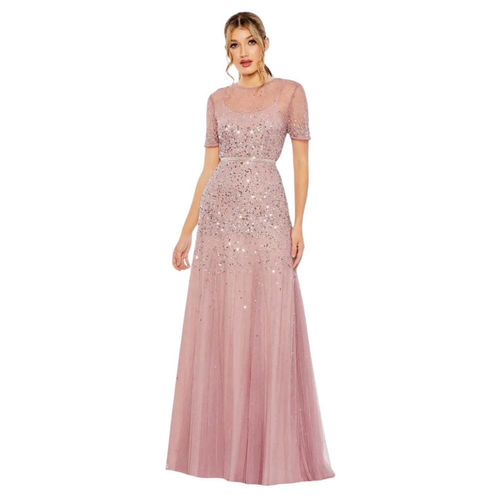 Mac Duggal 93909 Short Sleeve Embellished Tulle Gown Rosewood Size 12 $598